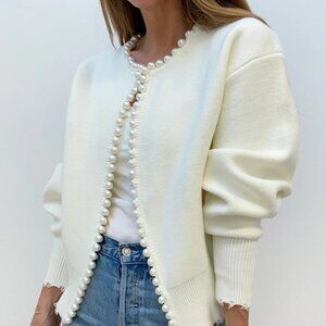 Commence Pearl Trim Ripped Hem Cardigan